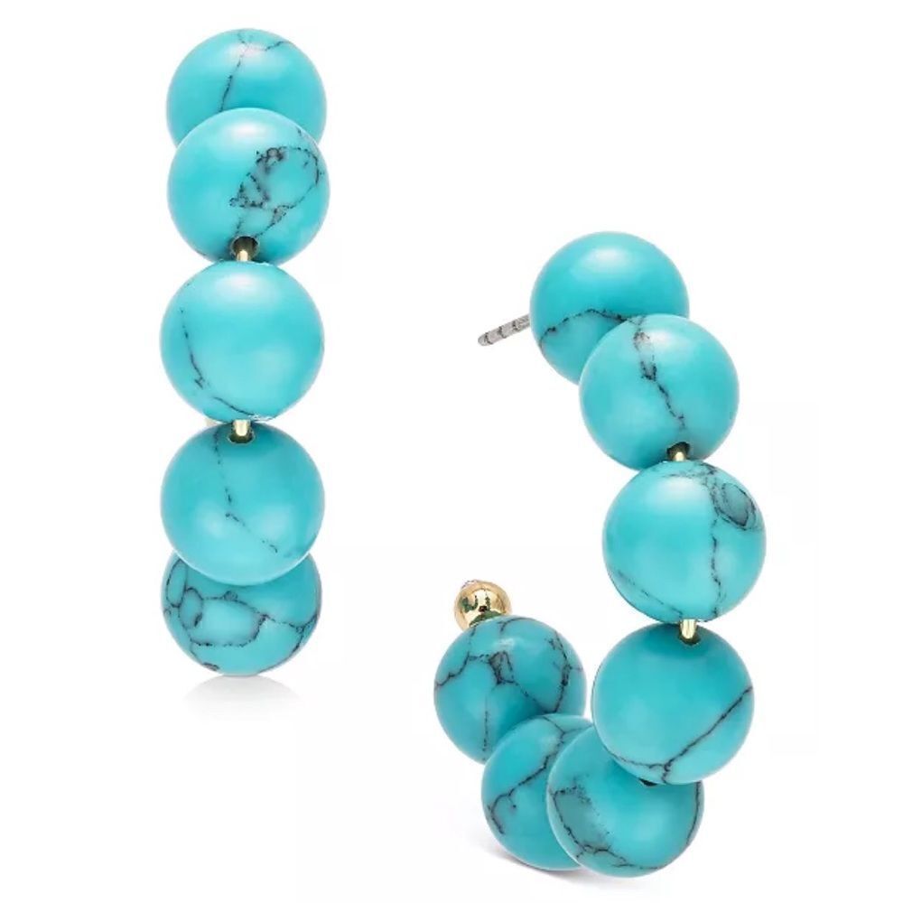 Alfani Gold-Tone Turquoise Blue Small Stone Bead C-Hoop 1.5" Earrings New